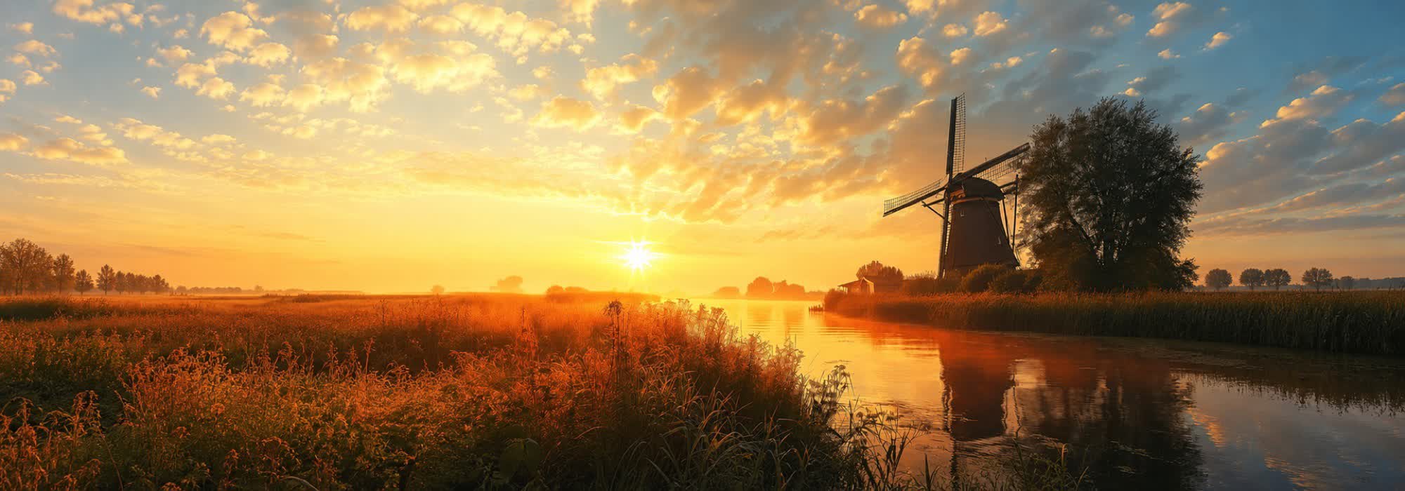 Panoramic Dutch windmill at sunset hidden beneath an interactive pale canvas mask