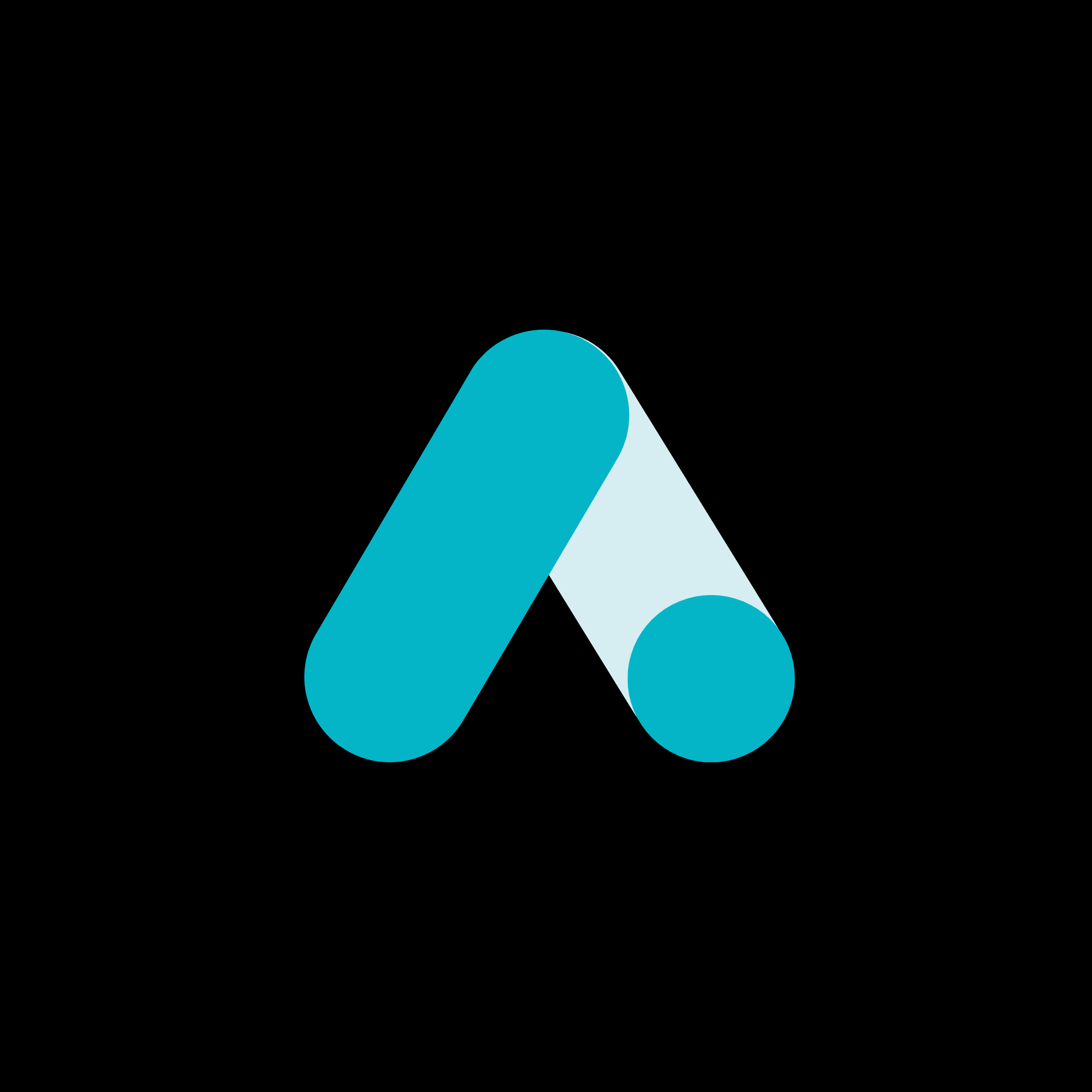 AnyPlace monogram: a teal letter A of rounded strokes with a dot, on black