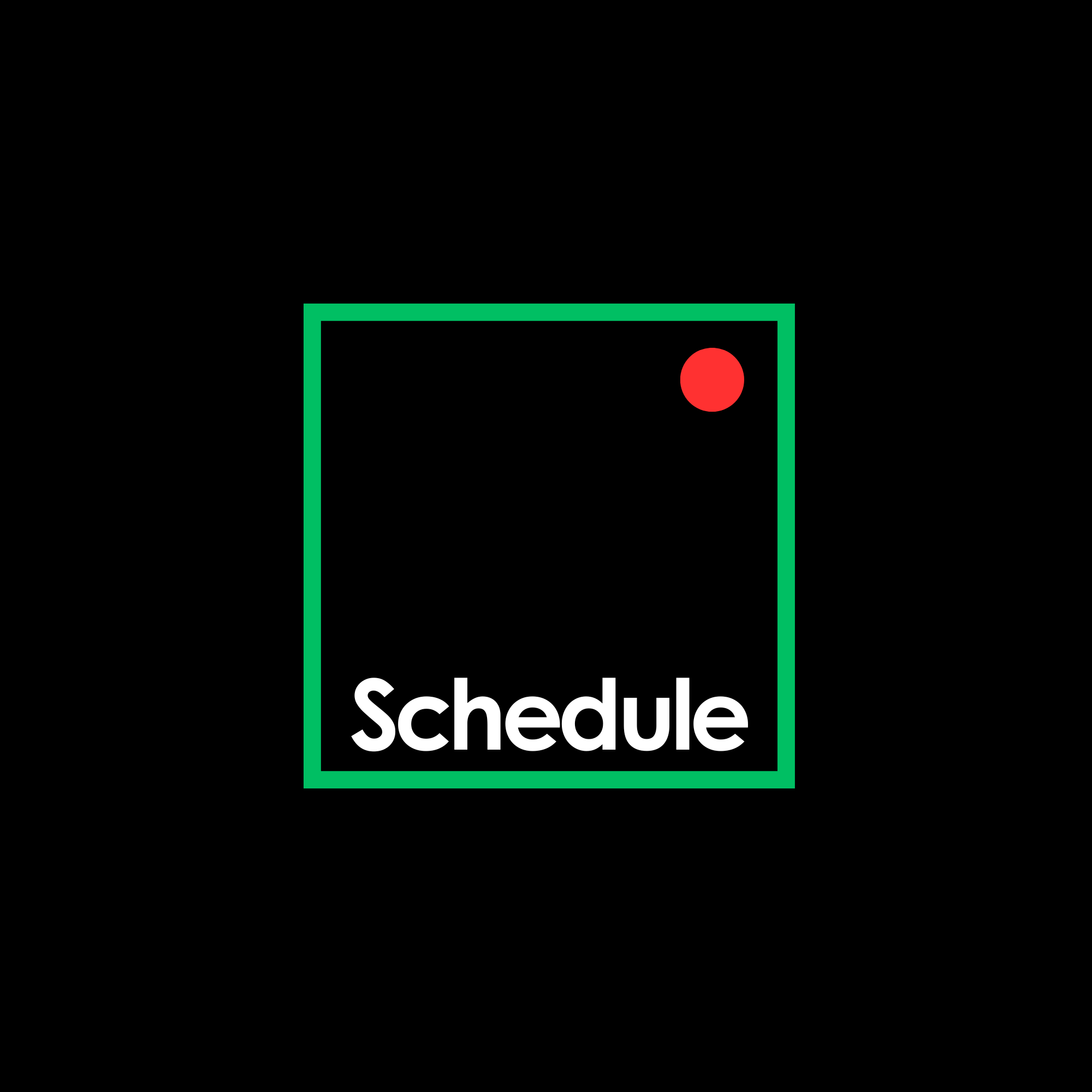 Schedule mark: a green square outline with a red dot and the word Schedule, on black